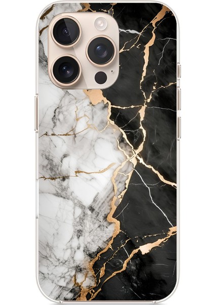 iPhone 16 Pro Max Uyumlu Siyah Beyaz Mermer Baskılı Silikon Kılıf
