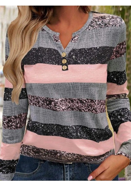 Kadın Uzun Kollu Yakadan Düğmeli Çizgili Desenli Süprem Bluz
