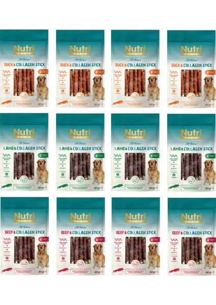 3 Çeşit Karma Sargılı Kolajen Çubuk Tahılsız Köpek Et Ödülü 80 Gr. x 12 Adet
