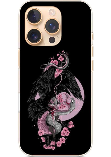 iPhone 16 Pro Uyumlu Pembe Siyah Yılan Baskılı Silikon Kılıf