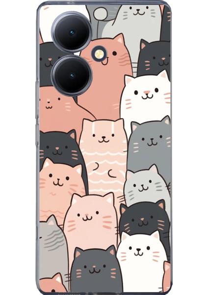 Vivo V29 Lite Uyumlu Pufi Kedicikler Tasarımlı Baskılı Silikon Kılıf