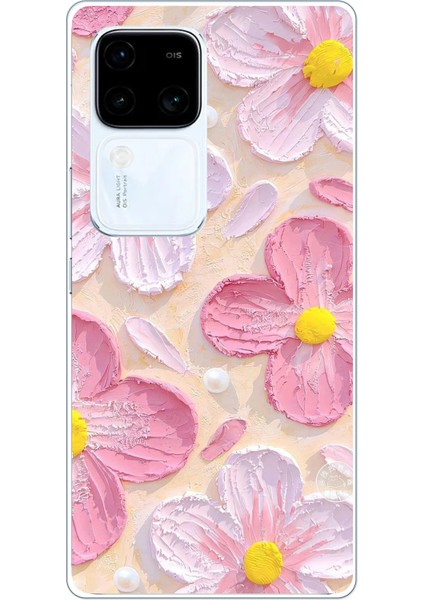 Vivo V30 Uyumlu Pembe Beyaz Çiçekler Sulu Boya Baskılı Silikon Kılıf