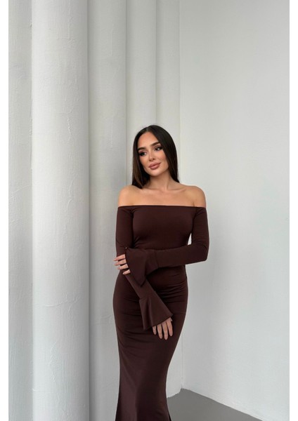 Kadın Drapeli Uzun Kollu Modanna Yaka Detaylı Uzun Elbise