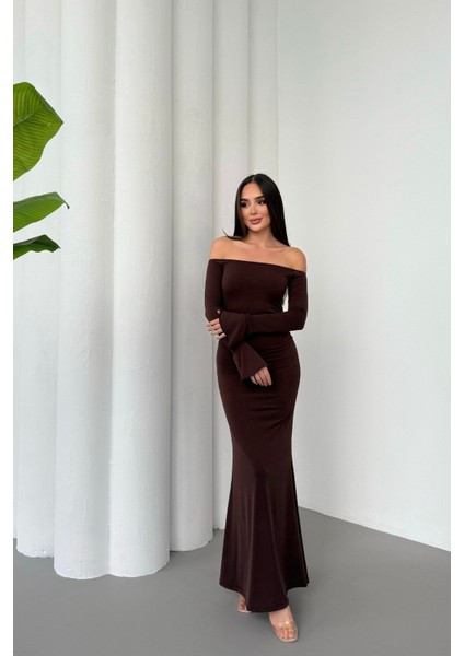 Kadın Drapeli Uzun Kollu Modanna Yaka Detaylı Uzun Elbise modelleri