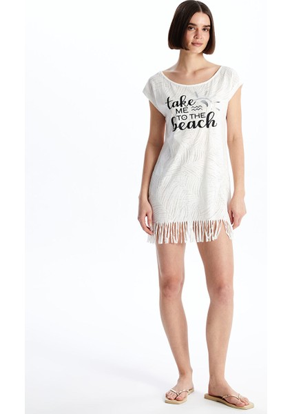 Yeni Sezon Bisiklet Yaka Baskılı Kısa Kollu Kadın Plaj Elbisesi