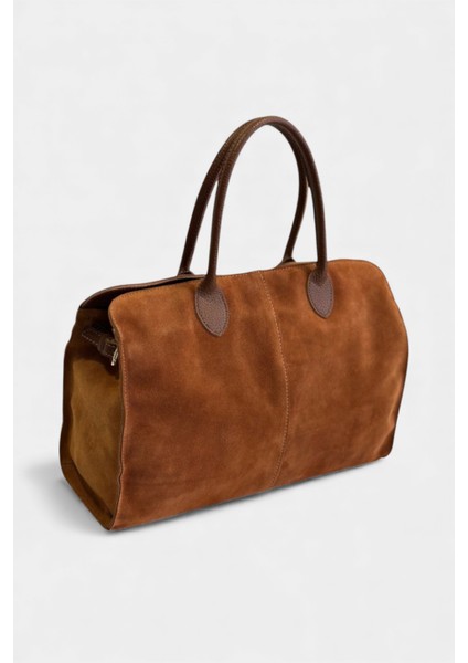 Kahverengi, %100 Hakiki Süet Deri Fermuar Kapama ve Iç Cep Detaylı Kadın Omuz Çantası modelleri