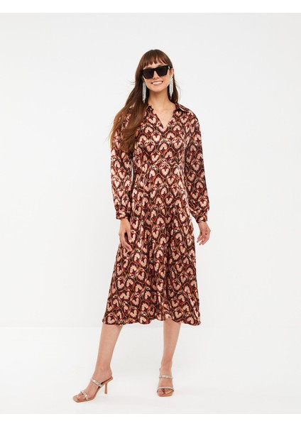 Yeni Sezon Gömlek Yaka Desenli Uzun Kollu Saten Elbise