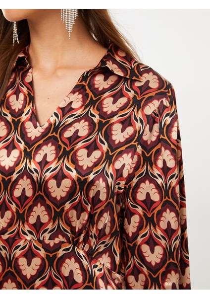 Yeni Sezon Gömlek Yaka Desenli Uzun Kollu Saten Elbise fırsatları