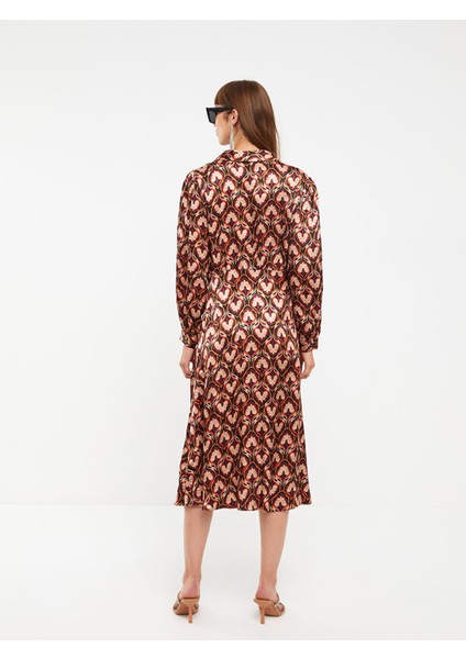 Yeni Sezon Gömlek Yaka Desenli Uzun Kollu Saten Elbise indirimleri