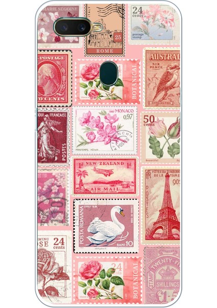 Oppo A5S-AX7-A12 Uyumlu Pembe Posta Pulları Baskılı Silikon Kılıf