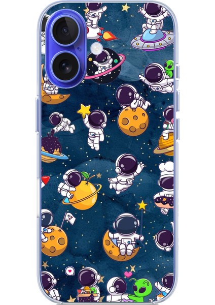 iPhone 16 Uyumlu Minik Astronotlar Uzayda Baskılı Silikon Kılıf