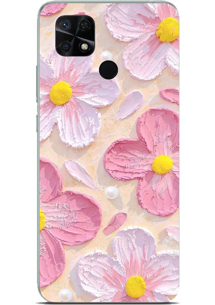 Redmi 10C - Poco C40 Uyumlu Pembe Beyaz Çiçekler Sulu Boya Baskılı Silikon Kılıf