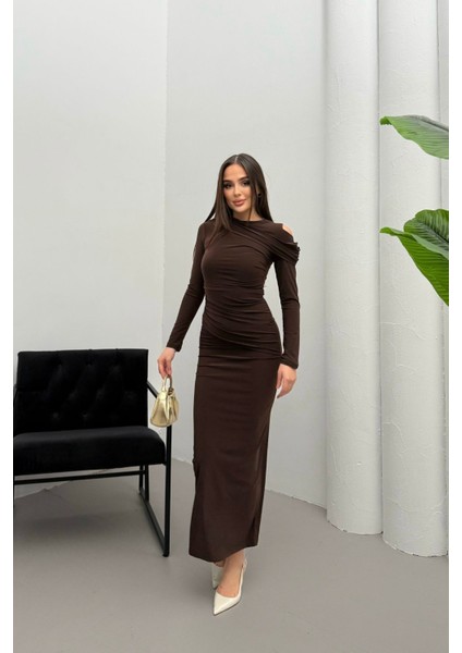 Kadın Drapeli Uzun Kollu Omuz Detaylı Uzun Elbise fiyatları