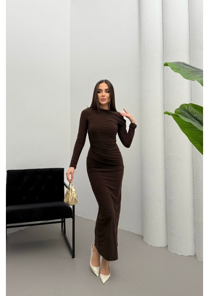 Kadın Drapeli Uzun Kollu Omuz Detaylı Uzun Elbise modelleri