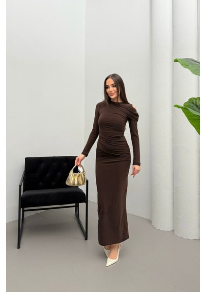 Kadın Drapeli Uzun Kollu Omuz Detaylı Uzun Elbise indirimleri