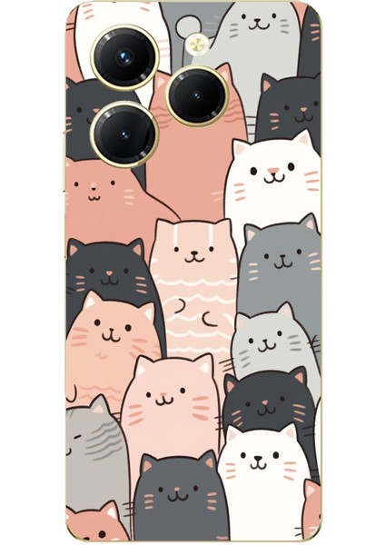 Tecno Spark 20 Pro Uyumlu Pufi Kedicikler Tasarımlı Baskılı Silikon Kılıf