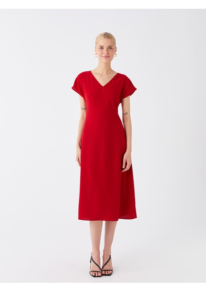 Yeni Sezon V Yaka Düz Kısa Kollu Kadın Elbise