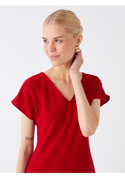 Yeni Sezon V Yaka Düz Kısa Kollu Kadın Elbise modelleri