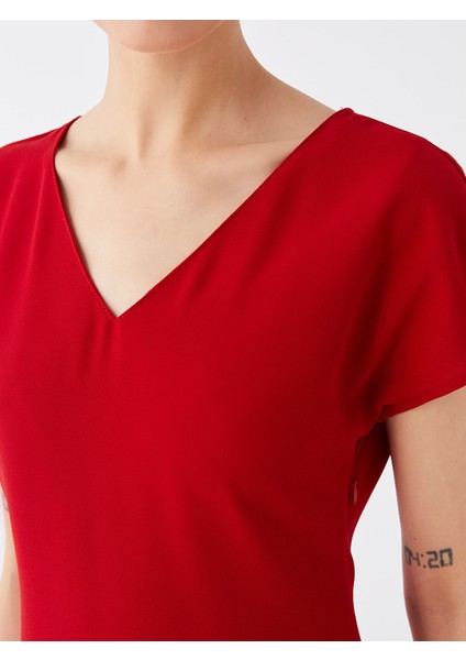 Yeni Sezon V Yaka Düz Kısa Kollu Kadın Elbise fırsatları