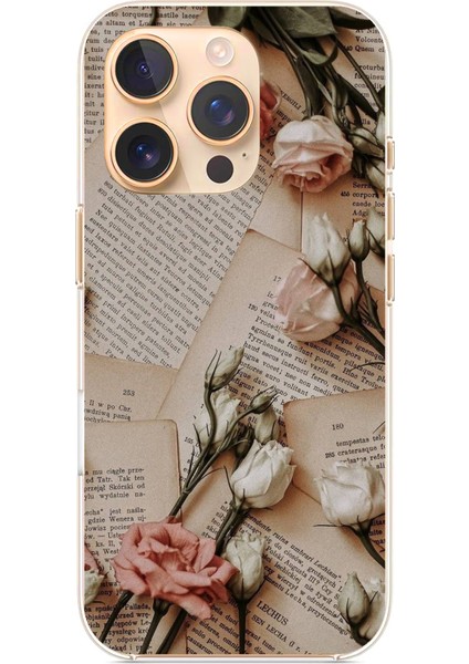 iPhone 16 Pro Uyumlu Retro Gazete Güller Tasarımlı Baskılı Silikon Kılıf