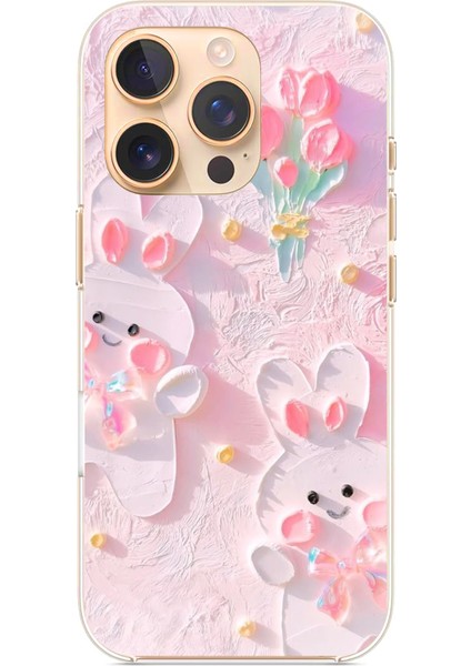 iPhone 16 Pro Uyumlu Sevimli Tavşanlar Baskılı Silikon Kılıf