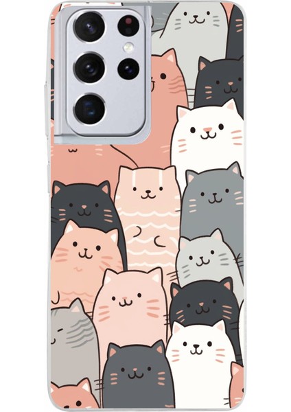 Samsung Galaxy S21 Ultra Uyumlu Pufi Kedicikler Tasarımlı Baskılı Silikon Kılıf