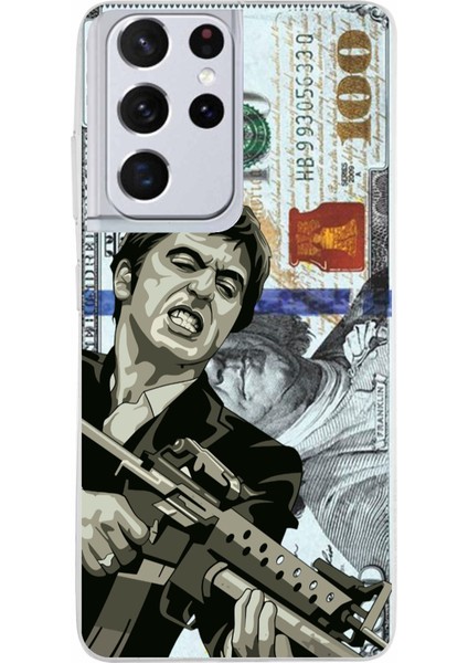 Samsung Galaxy S21 Ultra Uyumlu Scarface Dolar Tasarımlı Baskılı Silikon Kılıf