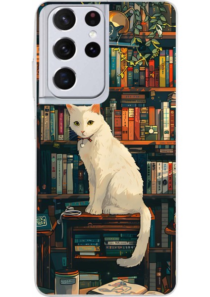 Samsung Galaxy S21 Ultra Uyumlu Kitaplık Beyaz Kedi Tasarımlı Baskılı Silikon Kılıf