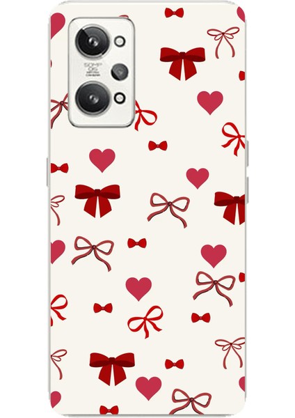 Realme Gt2 Pro Uyumlu Bordo Kalp ve Fiyonklar Baskılı Silikon Kılıf