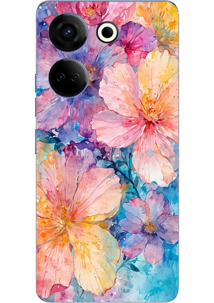 Tecno Camon 20 - 20 Pro 4g Uyumlu Renkli Çiçekler Sulu Boya Baskılı Silikon Kılıf