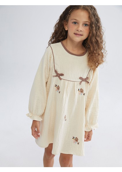 Yeni Sezon Bisiklet Yaka Çiçekli Müslin Kız Çocuk Elbise