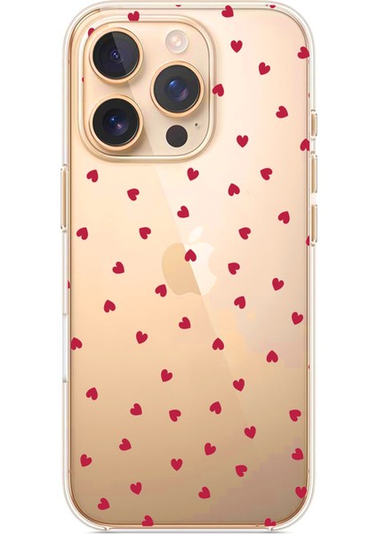 iPhone 16 Pro Uyumlu Kırmızı Kalpler Tasarımlı Baskılı Silikon Kılıf