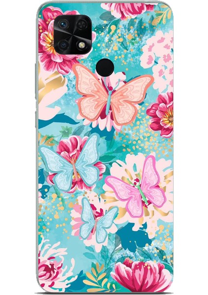 Redmi 10C - Poco C40 Uyumlu Kelebekler ve Çiçekler Baskılı Silikon Kılıf