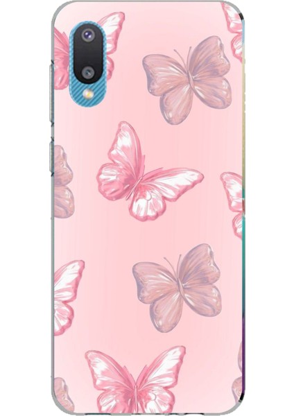 Samsung Galaxy A02 Uyumlu Pembe Kelebekler Baskılı Silikon Kılıf