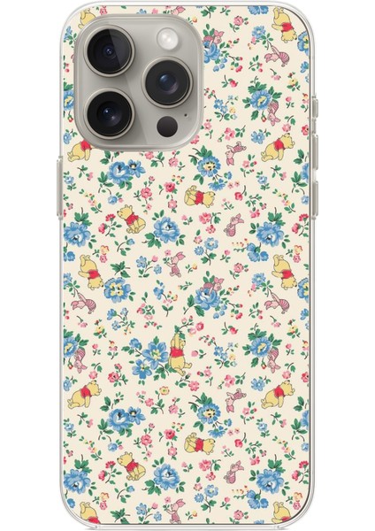 iPhone 15 Pro Max Uyumlu Ayı Winnie Pooh ve Çiçekler Baskılı Silikon Kılıf