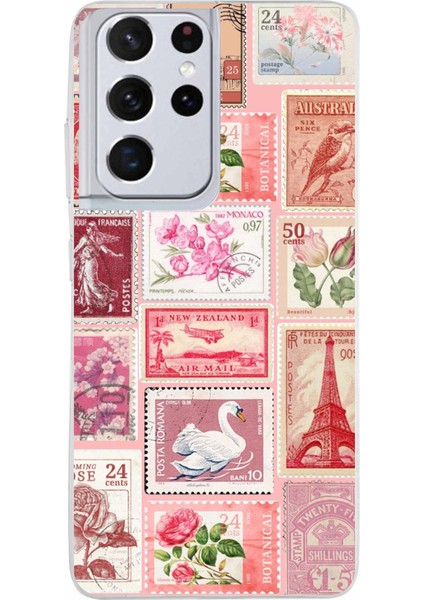 Samsung Galaxy S21 Ultra Uyumlu Pembe Posta Pulları Baskılı Silikon Kılıf