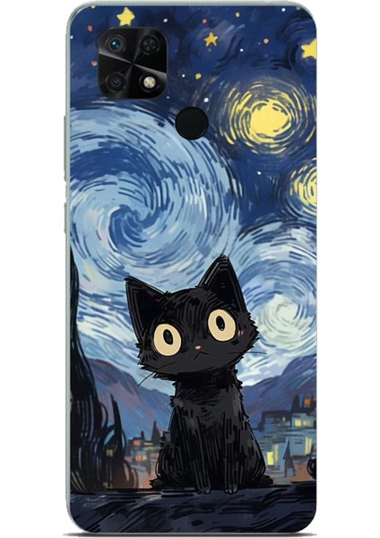 Redmi 10C - Poco C40 Uyumlu Gece Yarısı Kedi Tasarımlı Baskılı Silikon Kılıf