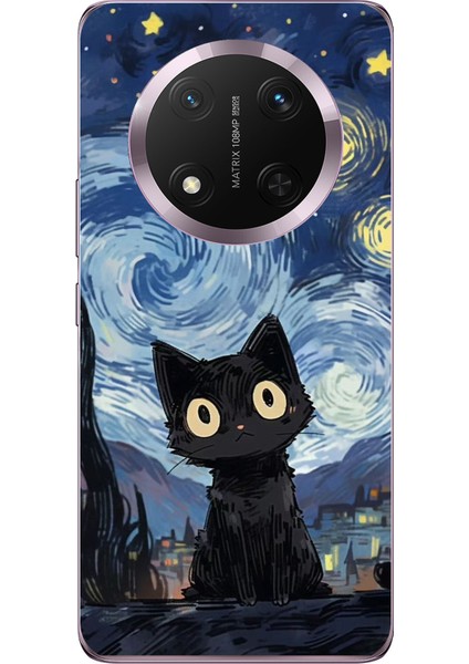 Honor Magic 7 Lite Uyumlu Gece Yarısı Kedi Tasarımlı Baskılı Silikon Kılıf