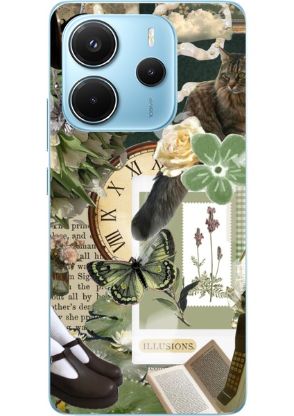 Redmi Note 14 4g Uyumlu Yeşil Estetik Pano Kolaj Baskılı Silikon Kılıf