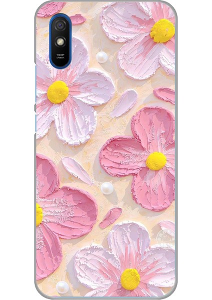 Redmi 9A Uyumlu Pembe Beyaz Çiçekler Sulu Boya Baskılı Silikon Kılıf