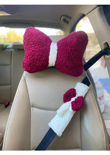 Oto Koltuğu Boyun Yastığı ve Emniyet Kemeri Kılıfı-Kırmızı-Pelüş Araç Yastığı ve Emniyet Kemeri Seti