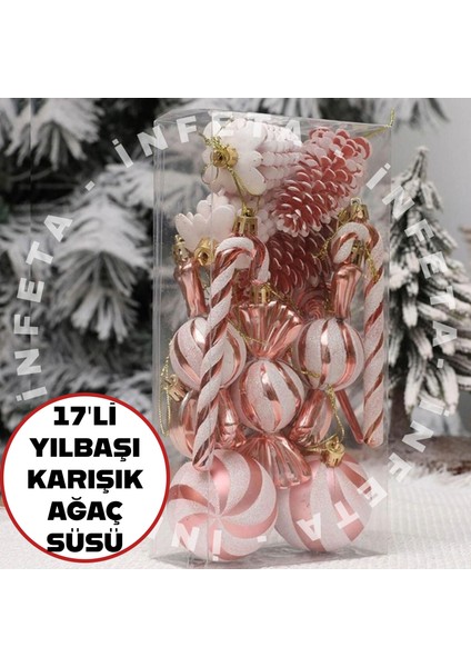 17'li Karışık Lüks Yılbaşı Çam Ağacı Süsü Bronz Pudra Noel Şeker Kamışı Süsü
