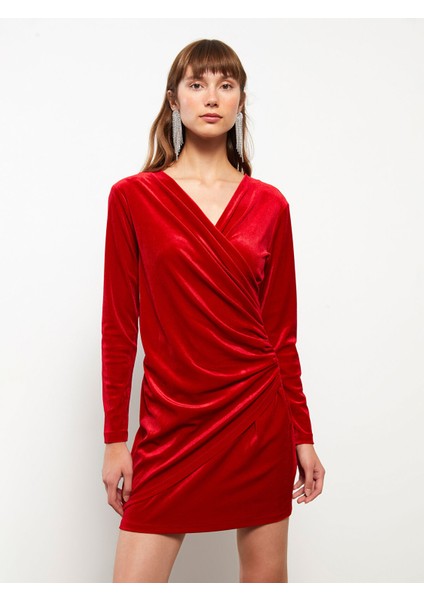 Yeni Sezon Kruvaze Yaka Düz Uzun Kollu Kadife Kadın Bodycon Elbise fiyatları
