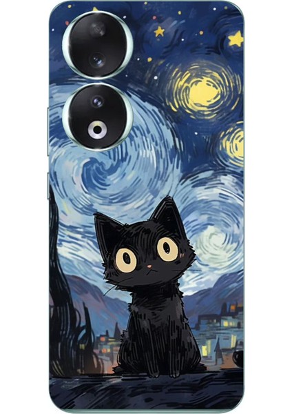 Honor 90 Uyumlu Gece Yarısı Kedi Tasarımlı Baskılı Silikon Kılıf