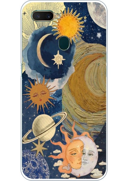 Oppo A5S-AX7-A12 Uyumlu Güneş ve Ay Evren Tasarımlı Baskılı Silikon Kılıf