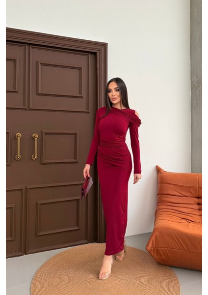 Kadın Drapeli Uzun Kollu Omuz Detaylı Uzun Elbise fiyatları