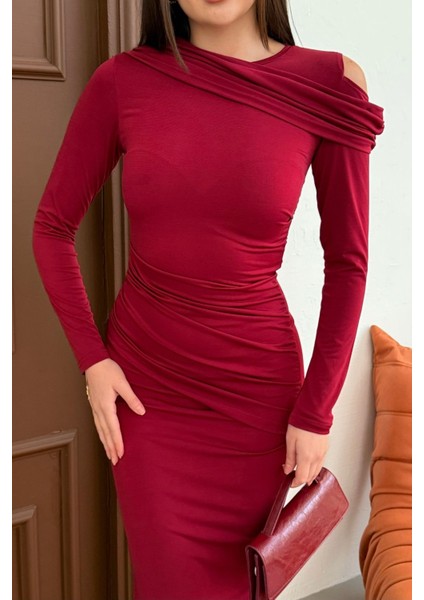 Kadın Drapeli Uzun Kollu Omuz Detaylı Uzun Elbise modelleri
