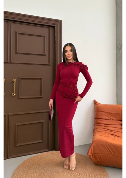 Kadın Drapeli Uzun Kollu Omuz Detaylı Uzun Elbise fırsatları