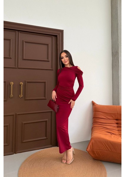 Kadın Drapeli Uzun Kollu Omuz Detaylı Uzun Elbise indirimleri
