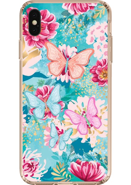 iPhone Xs Max Uyumlu Kelebekler ve Çiçekler Baskılı Silikon Kılıf